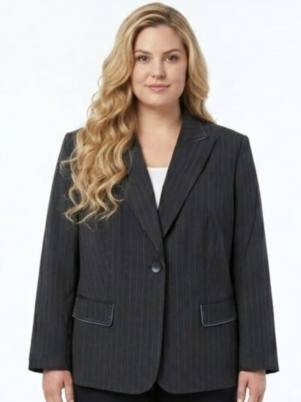 Tahari ASL Blazer Size 22W Black Blue Pinstripe Thick Stitch Trim Flap Pockets